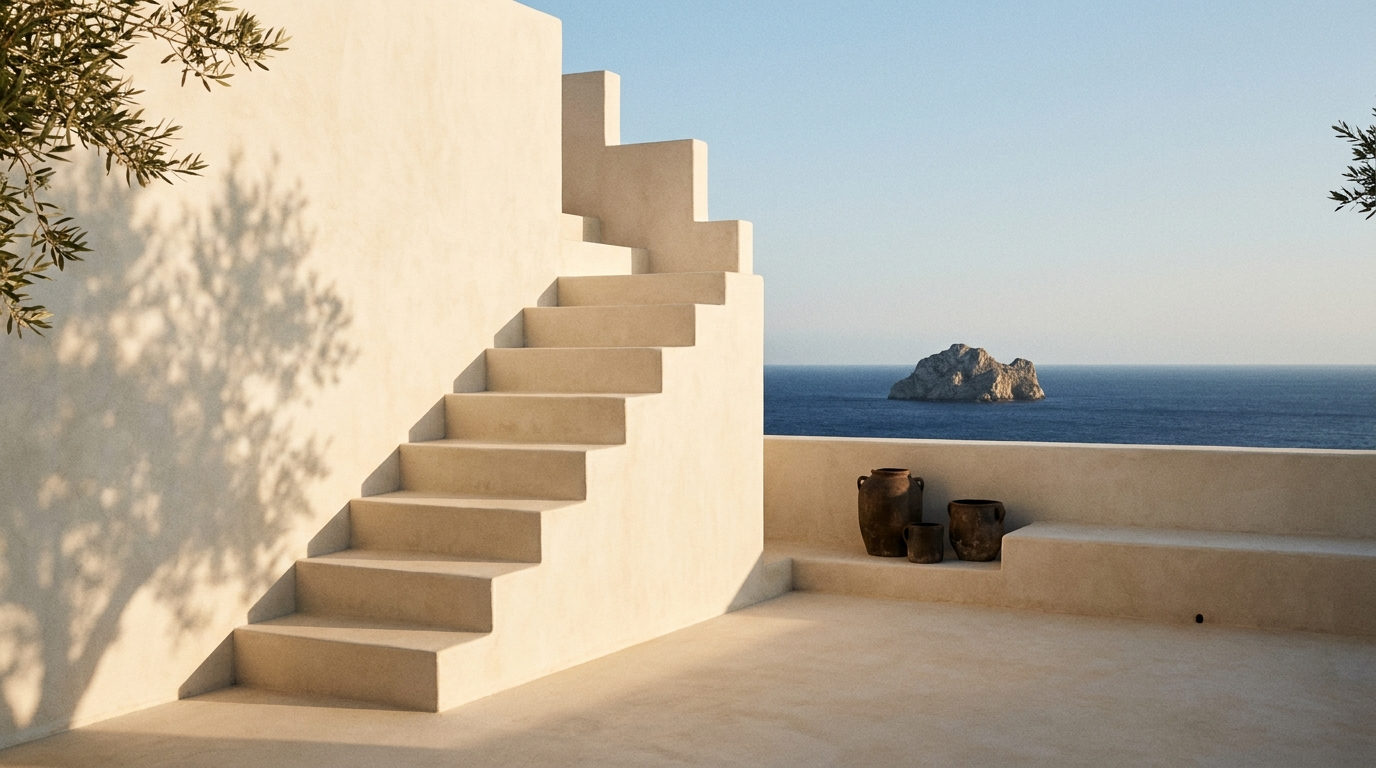 Sun-bleached Mediterranean rooftop terrace with staircase overlooking the sea